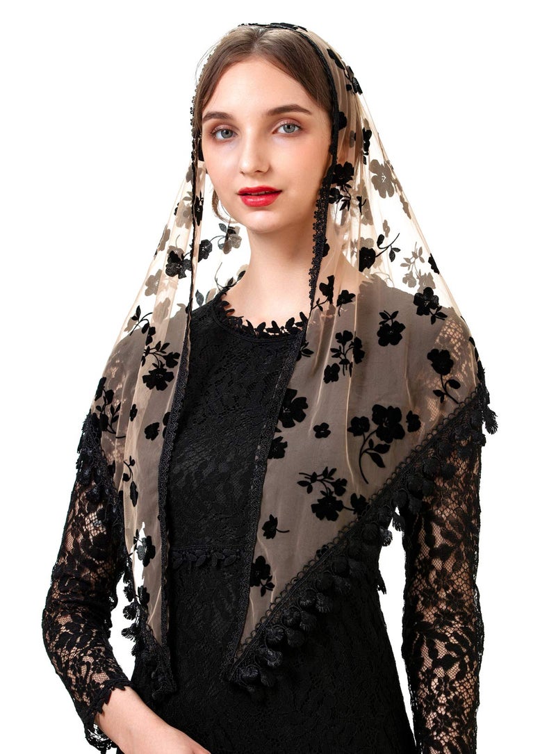 PAMOR Triangle Lace Veil Mantilla Cathedral Head Covering Chapel Veil for Mass Wedding Bridesmaids (Beige and Black) - Image 3